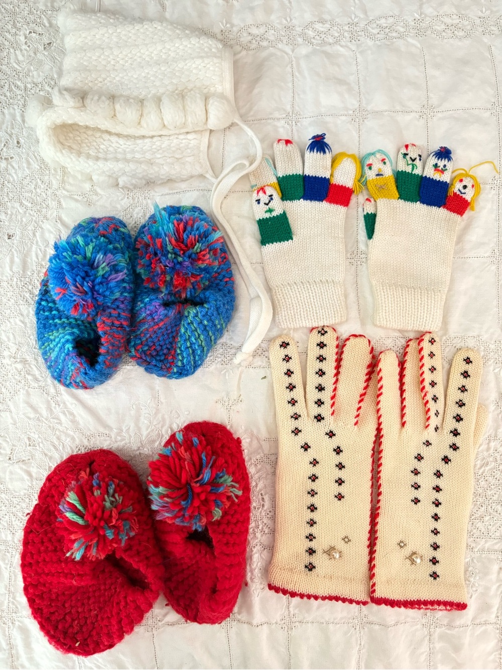 Handmade Cream and Multicolor Knit Winter Gloves & Slippers Set LOT